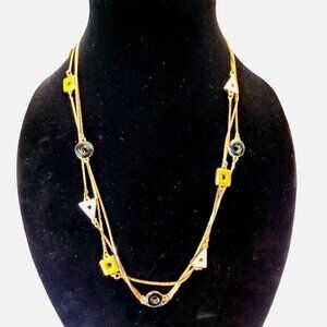 Classy Gold Triple Strand Necklace with Multi-colored Shaped Accents